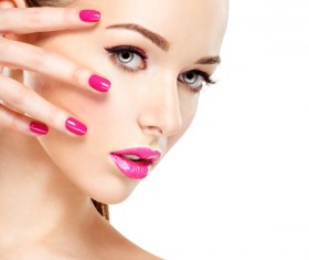 Pink nails pink lipstick and eye shadow girl Stock Photo 10