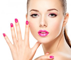 Pink nails pink lipstick and eye shadow girl Stock Photo 12