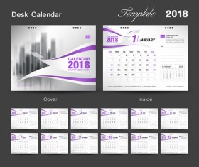 Purple calendar cover with 2018 desk calendar template vector 01