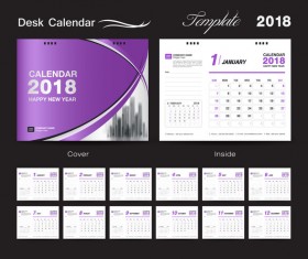 Purple calendar cover with 2018 desk calendar template vector 02
