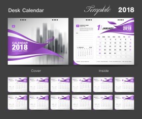 Purple calendar cover with 2018 desk calendar template vector 03