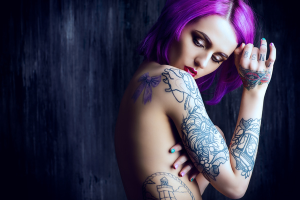 Purple hair tattoo girl HD picture