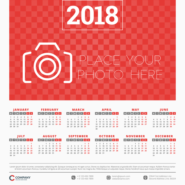 Red styles 2018 calendar with photo vectors 01