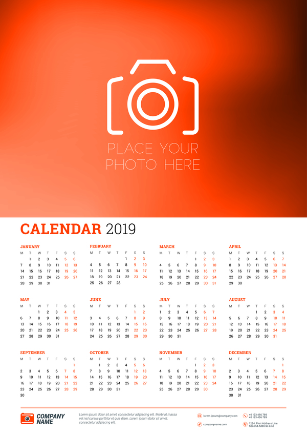 Red styles 2018 calendar with photo vectors 02