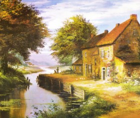 River hut oil painting Stock Photo