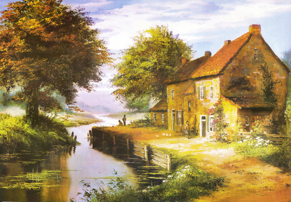 River hut oil painting Stock Photo