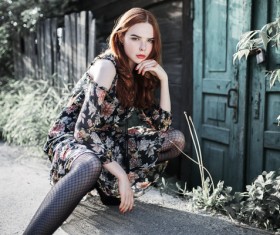 Stylish Red-Haired Girl Stock Photo 02
