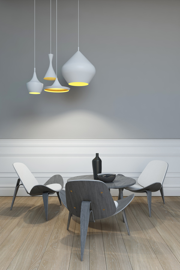 Stylish interior chandeliers with table chairs Stock Photo