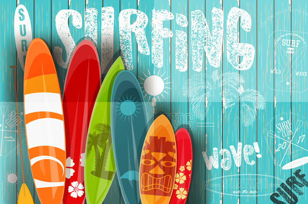 Surfing board with wooden background vector