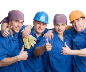 Thumbs up the construction workers Stock Photo