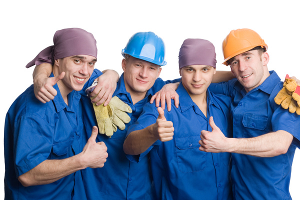 Thumbs up the construction workers Stock Photo
