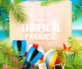 Tropical paradise travel with paper background vector 03
