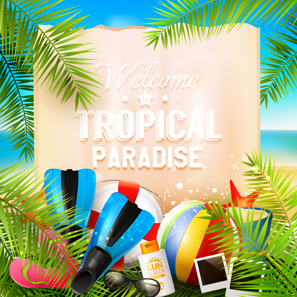 Tropical paradise travel with paper background vector 03