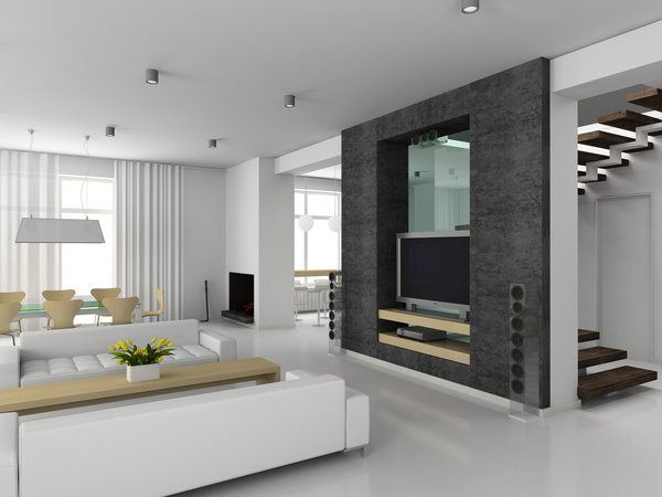 White living room with black TV wall HD picture