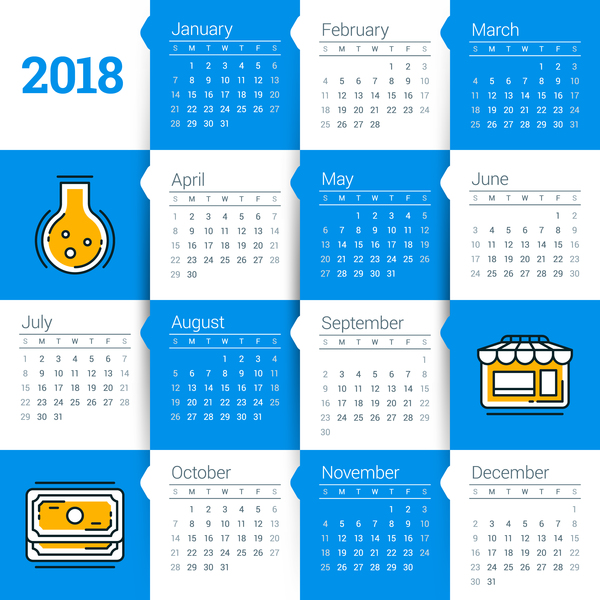 White with blue 2018 calendar template vectors