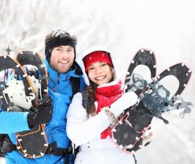 Winter smiling couple hikers Stock Photo