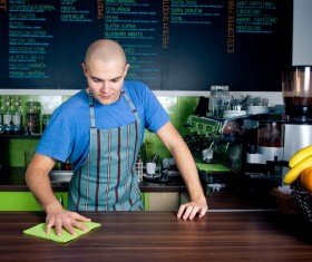 Wipe the table cafe staff Stock Photo