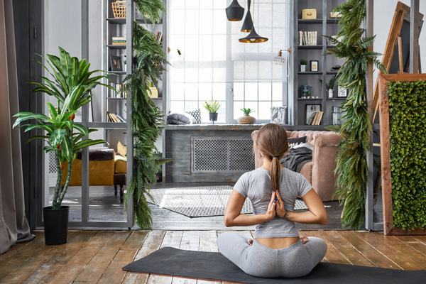 Woman practicing yoga in the living room Stock Photo 27