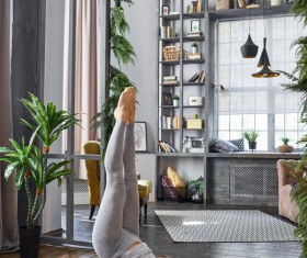 Woman practicing yoga in the living room Stock Photo 32