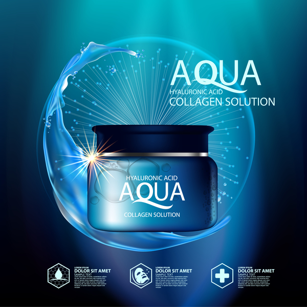 Aqua collagen solution poster template with blue background vector 04