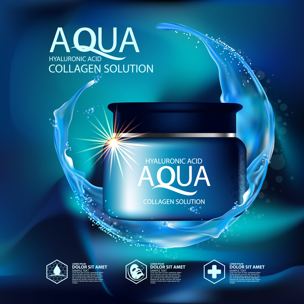 Aqua collagen solution poster template with blue background vector 05