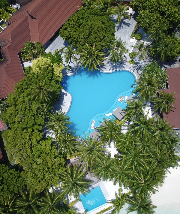 Beautiful swimming pool in resort from high view Stock Photo