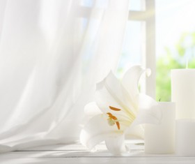 Candles and flowers on the windowsill Stock Photo