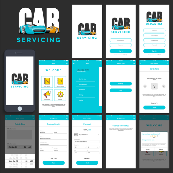 Car servicing app UI design vector free download