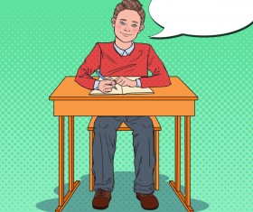 Cartoon boy with school desk vector 03