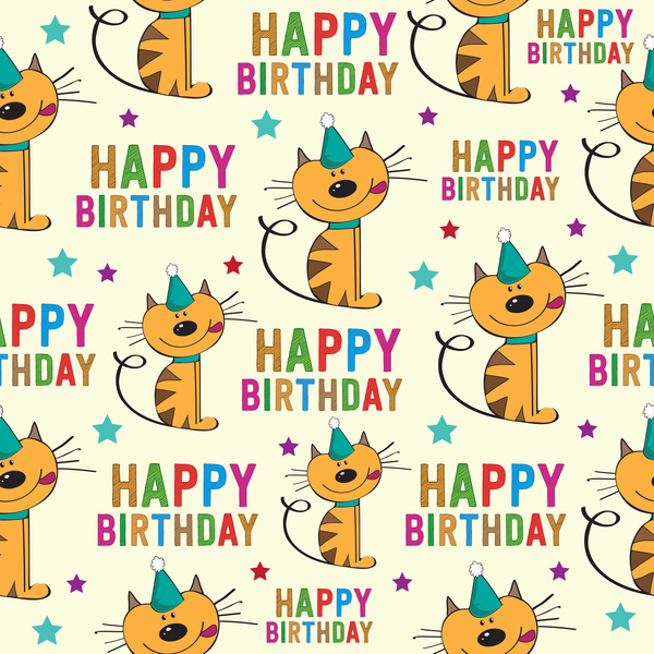 Cartoon cat and happy birthday seamless pattern vector