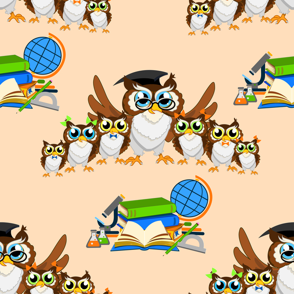 Cartoon owl and education seamless pattern vector