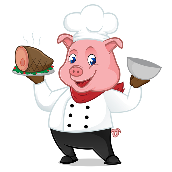 Chef pig cartoon with roasted ham vectors 02