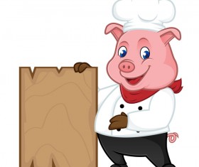 Chef pig cartoon with wooden plank vector 01