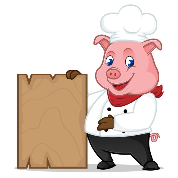 Chef pig cartoon with wooden plank vector 01