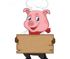 Chef pig cartoon with wooden plank vector 02