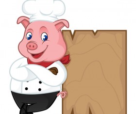 Chef pig cartoon with wooden plank vector 03