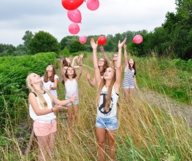 Children who fly balloons Stock Photo