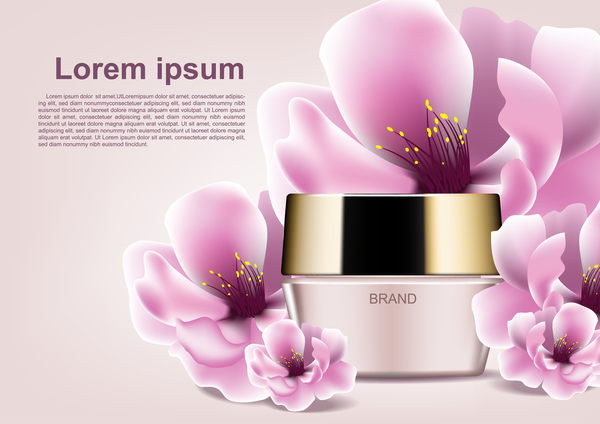 Cosmetic brand poster with pink flower vector 03
