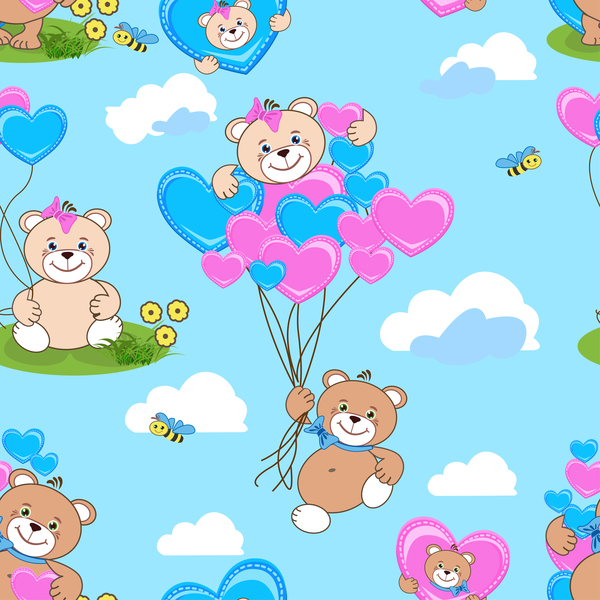 Cute teddy bears seamless pattern vector material 06