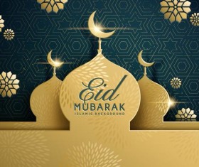 Eid mubarak dark background with golden building vector 01