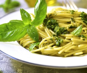 Green sauce pasta Stock Photo