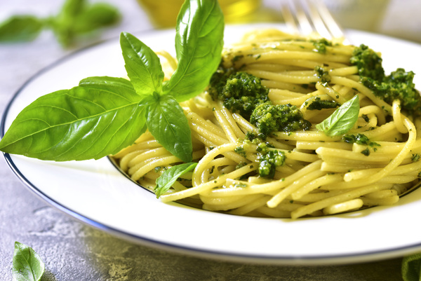 Green sauce pasta Stock Photo