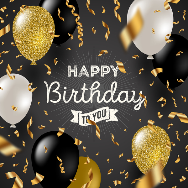 Happy birthday background and black white with gloden balloons vector