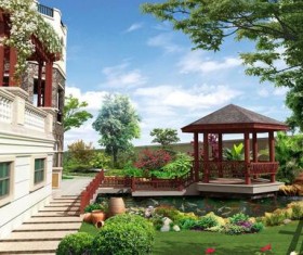 Hexagonal pavilion rockery pond Stock Photo