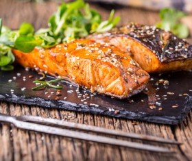 Iron fried salmon Stock Photo