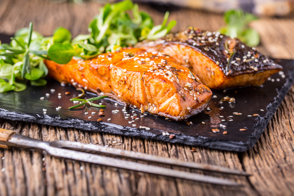 Iron fried salmon Stock Photo