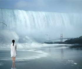 Look at the woman of the waterfall Stock Photo