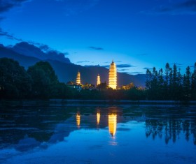 Night of the three towers of Dali Stock Photo