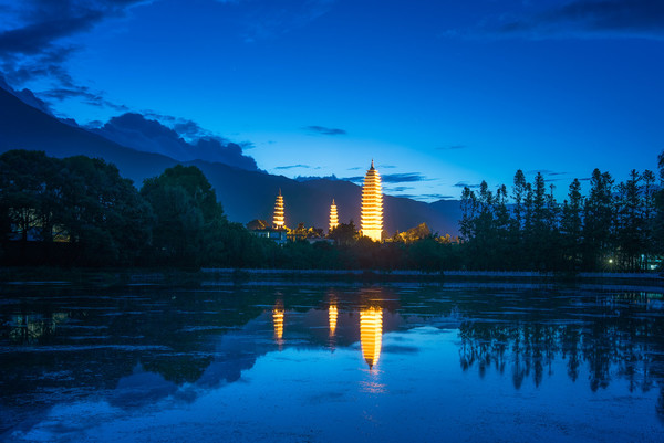 Night of the three towers of Dali Stock Photo
