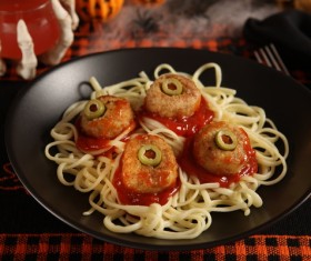 Olive meatballs spaghetti Stock Photo